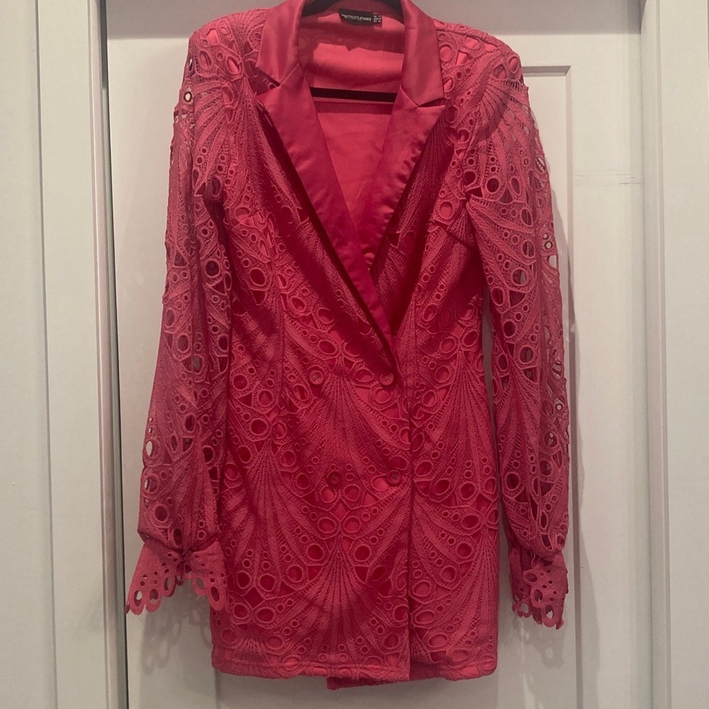 PrettyLittleThing Coral Pink Lace Blazer Mini Dress